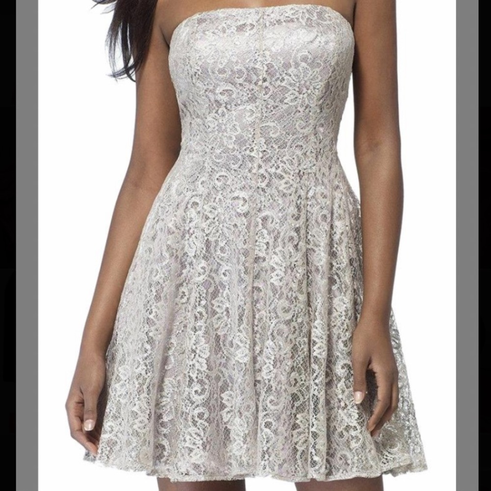 Strapless Metallic Silver Lace Formal Event Dress